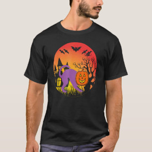 T-shirt Chat d'Halloween Maison Hantée Sorcière Chauves-so