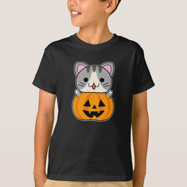 T-shirt Chat d'Halloween mignonne à Jack-o'-lantern (Devant)