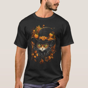 T-shirt Chat d'Halloween Sorcière Chapeau Citrouille Autom