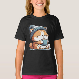 T-shirt Chat d'hiver mignon avec Beanie Cosy Kawaii Animal
