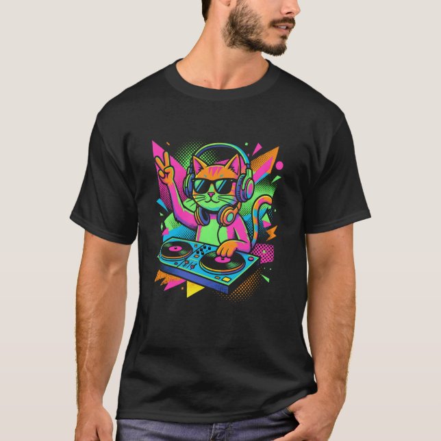 T-shirt Chat DJ drôle avec casque Techno Beat Retro Dis (Devant)