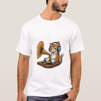 T-shirt Chat DJ vintage avec platine tourne-disque gramoph