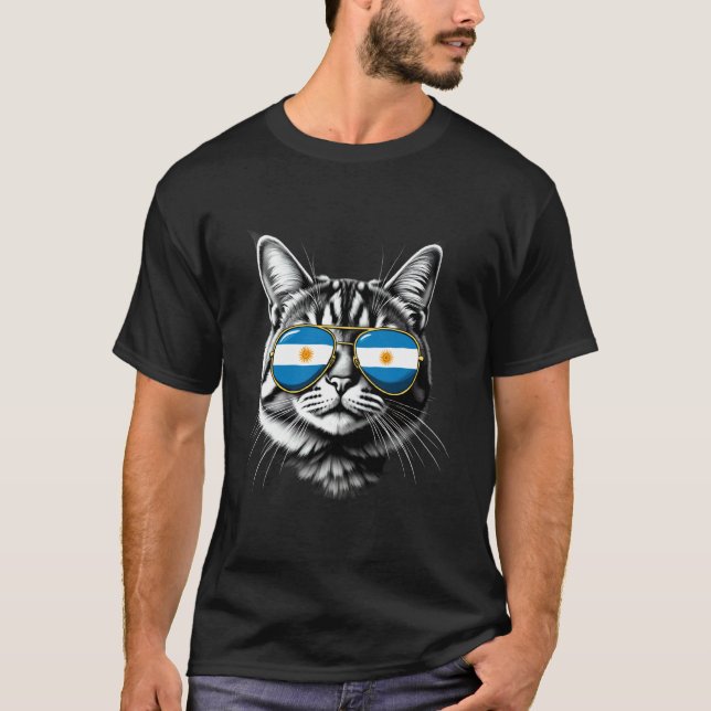 T-shirt Chat Drapeau Argentine Lunettes de soleil Visage A (Devant)