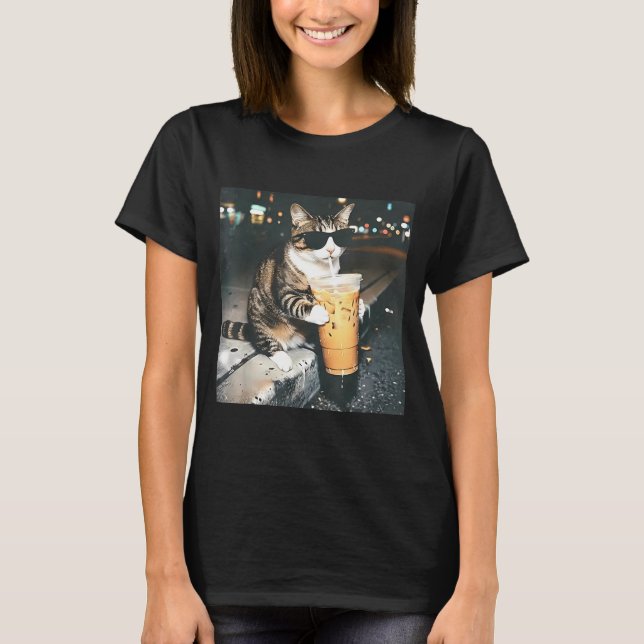 T-shirt Chat drôle buvant du café glacé amateur de chat dr (Devant)