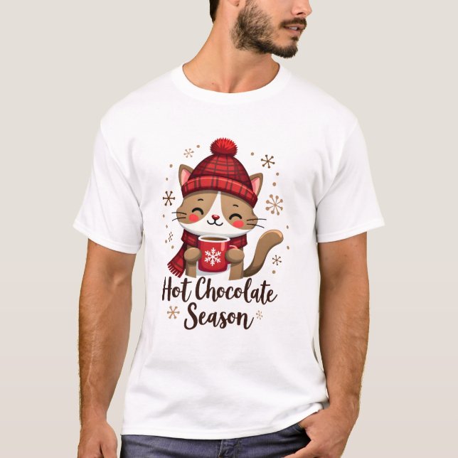 T-shirt Chat Drôle Chocolat Chaud Saison Joyeux Noël Maman (Devant)