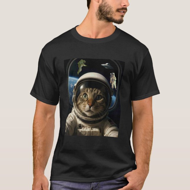 T-shirt Chat drôle de l'espace avec un OVNI et des astrona (Devant)