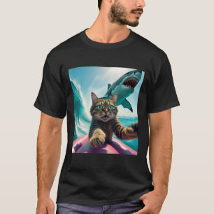 T-shirt Chat drôle de surf selfie avec requin Mème _1 