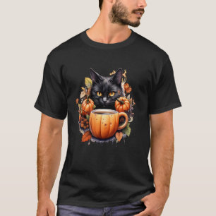 T-shirt Chat drôle d'Halloween buvant du café dans des tas