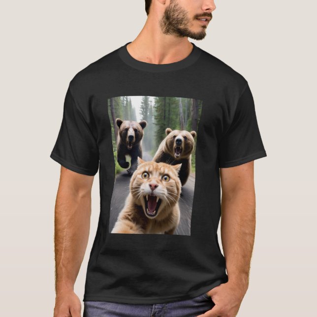 T-shirt Chat drôle d'ours attaque selfie (Devant)