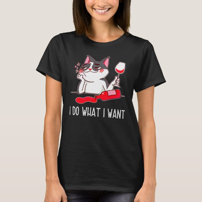T-shirt Chat Drôle Drunk Boire du vin (Devant)