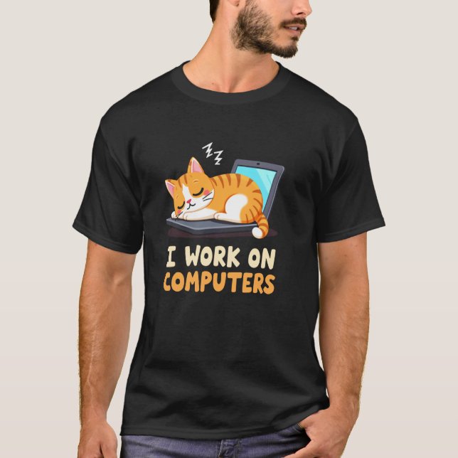 T-Shirt Chat Drôle Je Travaille sur Ordinateur (Devant)