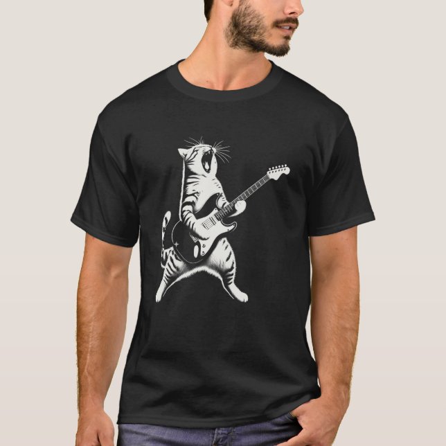 T-shirt Chat Drôle Jouant de la Guitare (Devant)