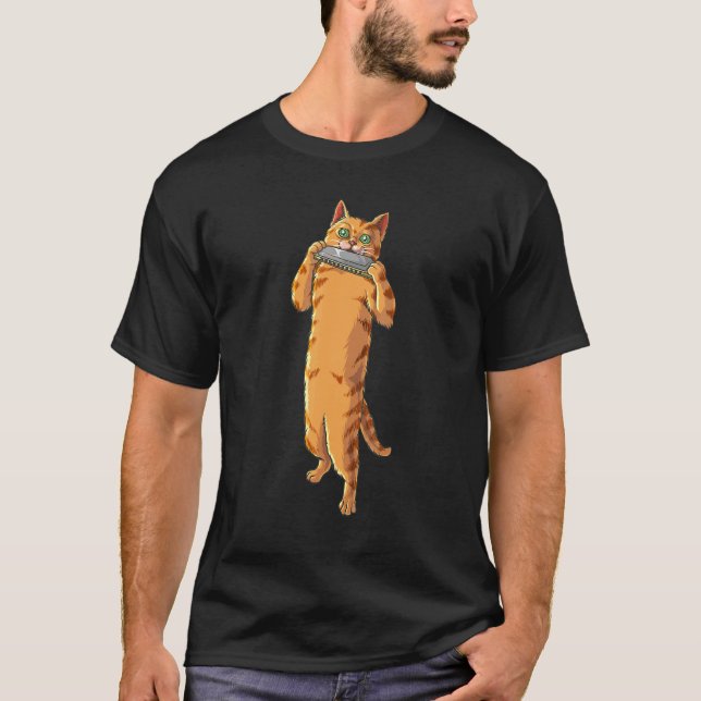 T-shirt Chat Drôle Jouant de l'Harmonica Musique Animale A (Devant)