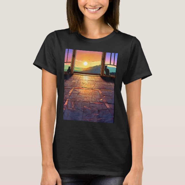T-shirt Chat drôle  longue fenêtre avec sol (Devant)