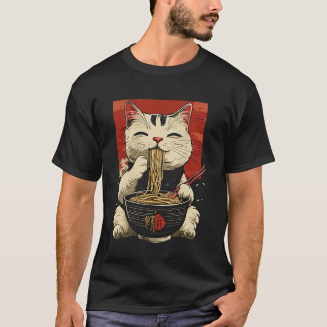 T-shirt Chat drôle mangeant des nouilles Ramen (Devant)