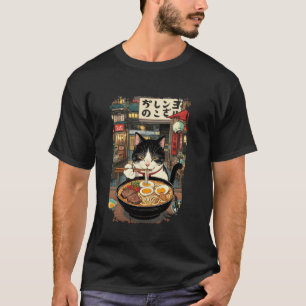 T-shirt Chat drôle mangeant des nouilles Ramen Nuit rétro