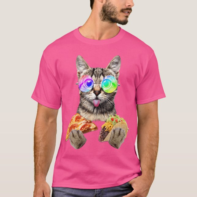 T-shirt Chat Drôle Mangeant une Pizza et des Tacos avec de (Devant)