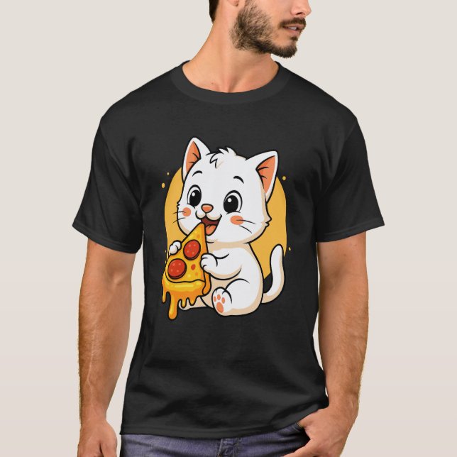T-shirt Chat Drôle Mangeant une Pizza Graphique Garçons Fi (Devant)