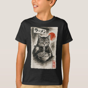 T-shirt Chat drôle Manger Ramen nouilles Sumi-e Japonais K