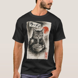 T-shirt Chat drôle Manger Ramen nouilles Sumi-e Japonais K