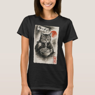 T-shirt Chat drôle Manger Ramen nouilles Sumi-e Japonais K