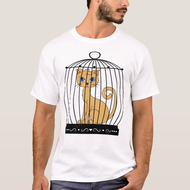 T-shirt Chat Drôle Piégé Dans Une Cage À Oiseaux Humour Ar (Devant)