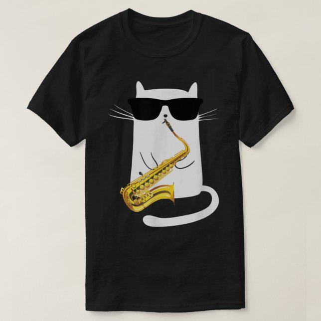 T-shirt Chat drôle Porter des lunettes de soleil Jouer Sax (Design devant)