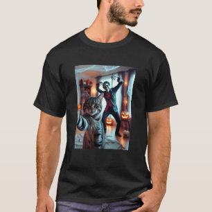 T-shirt Chat drôle selfie avec squelette Halloween effraya