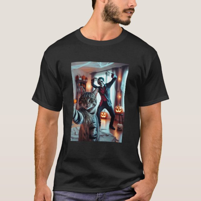 T-shirt Chat drôle selfie avec squelette Halloween effraya (Devant)