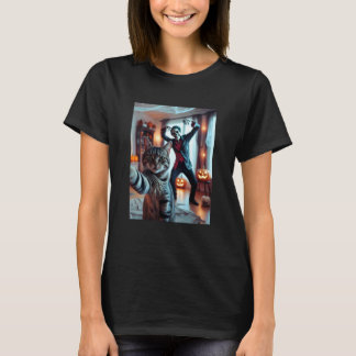 T-shirt Chat drôle selfie avec squelette Halloween effraya
