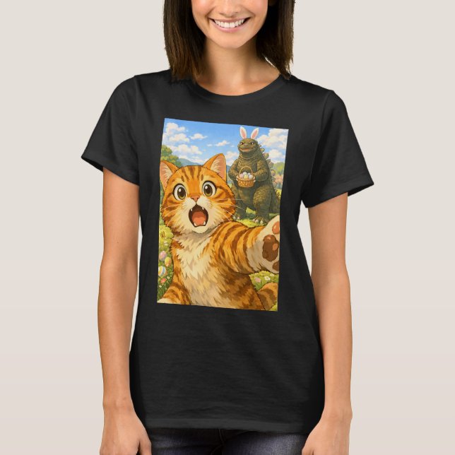 T-shirt Chat drôle surpris et effrayé selfie de Pâques (Devant)