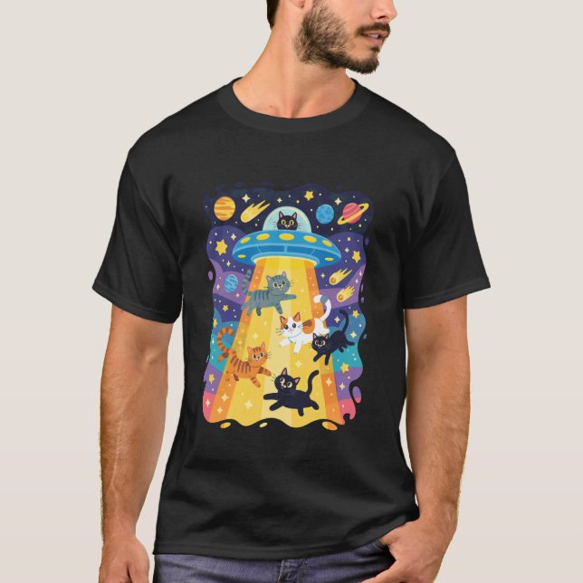 T-shirt Chat Drôle UFO Mignon Kitty Espace Astronef Alien  (Devant)