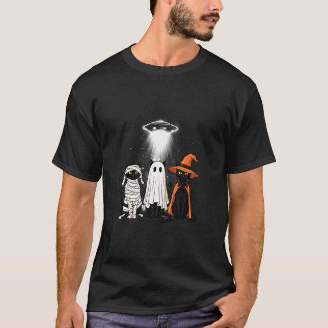 T-shirt Chat Drôle UFO Trois Kitty Espace Vaisseau Spatial (Devant)