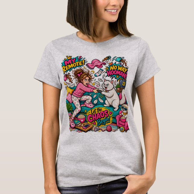 T-shirt Chat Drôle vs Bataille de Télécommande Humaine Des (Devant)