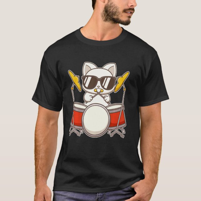 T-shirt Chat Drummer Cool Avec Lunettes (Devant)