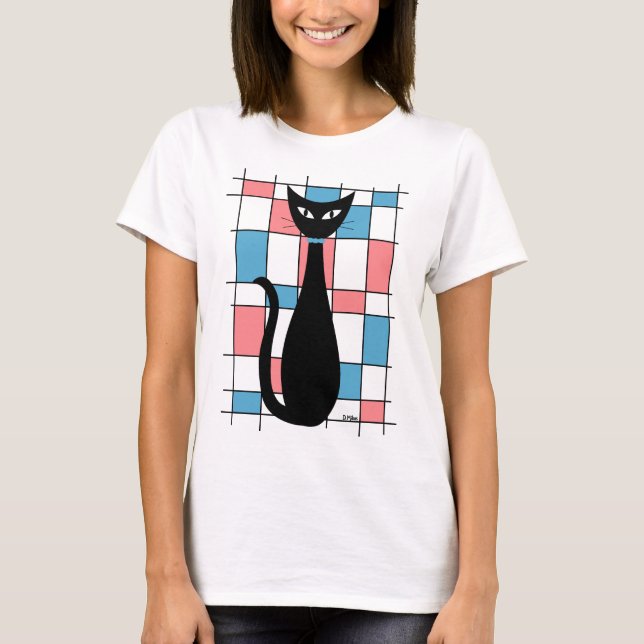 T-shirt Chat du milieu du siècle avec Rectangles bleues et (Devant)