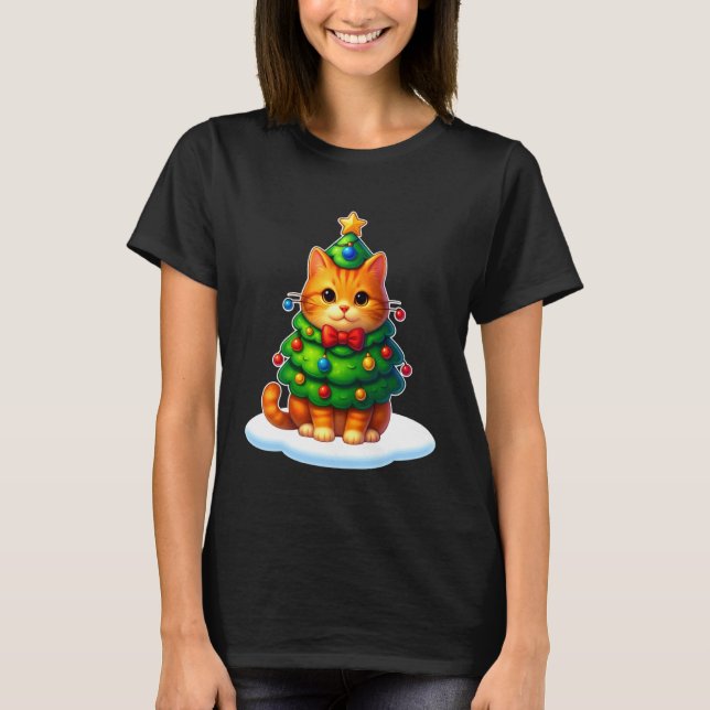 T-shirt Chat Éclairage de l'arbre de Noël Père Noël Catmas (Devant)