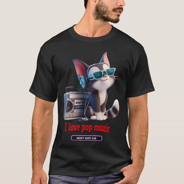 T-shirt chat écouter de la musique pop garçon (Devant)
