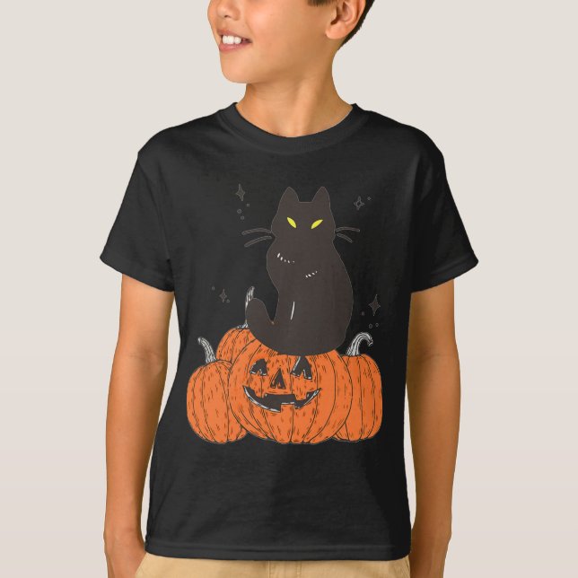 T-shirt Chat Éffrayant Halloween avec Citrouille (Devant)