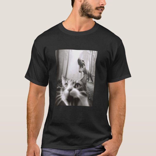 T-shirt Chat effrayé drôle selfie avec T-Rex Dinosaur Meme (Devant)