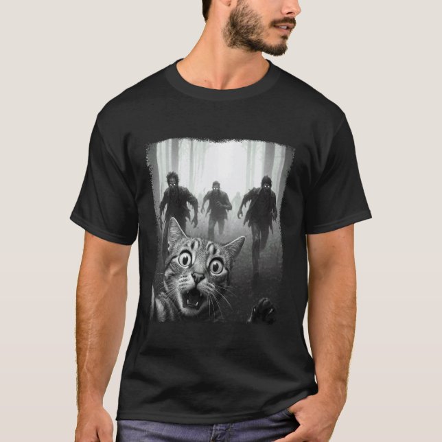 T-shirt Chat effrayé selfie Apocalypse Zombie Drôle Hallow (Devant)