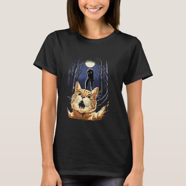 T-shirt Chat effrayé selfie chat avec le cryptide monstre  (Devant)