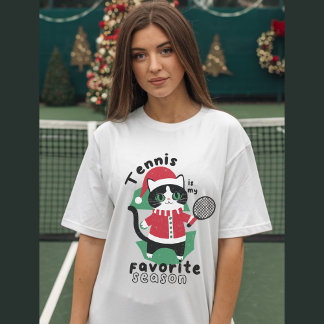 T-shirt Chat en casquette de Noël avec raquette de tennis