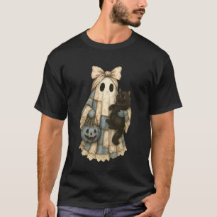 T-shirt Chat en Denim Bleu Patchwork Fantôme Noir pour Hal