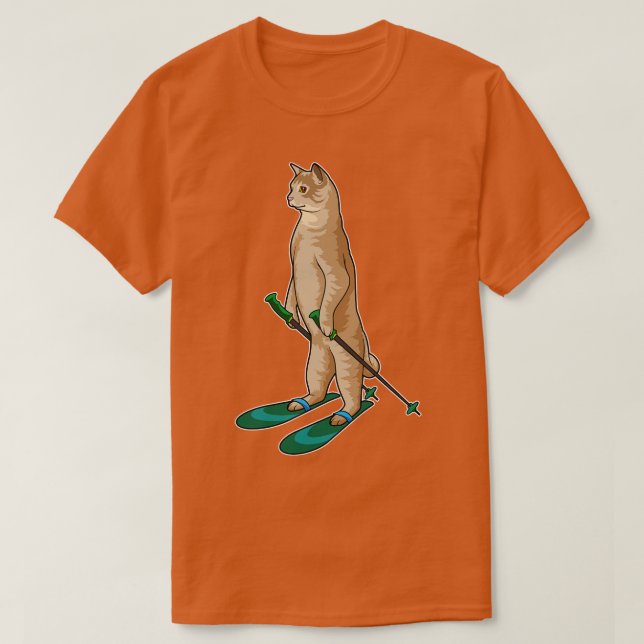 T-shirt Chat En Ski Avec Pôles De Ski (Design devant)