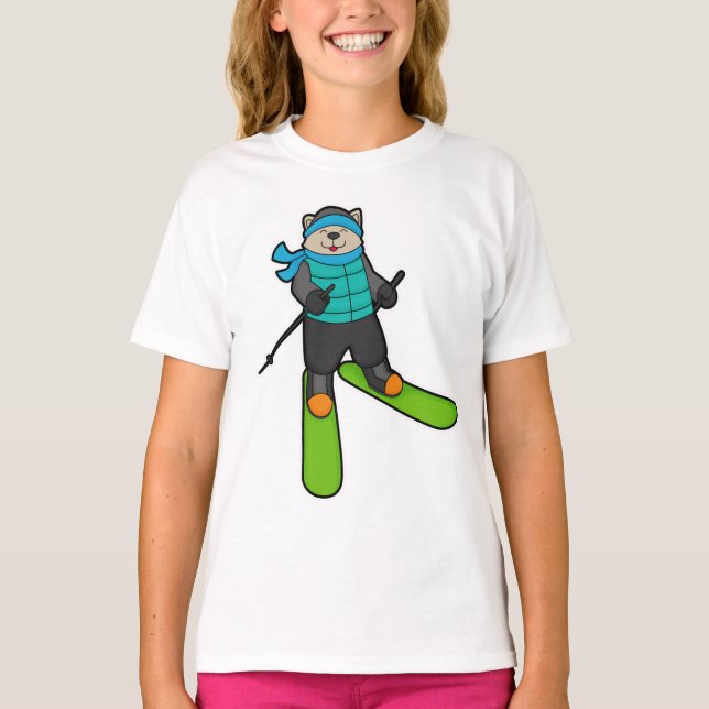 T-shirt Chat en Skier avec Ski (Devant)
