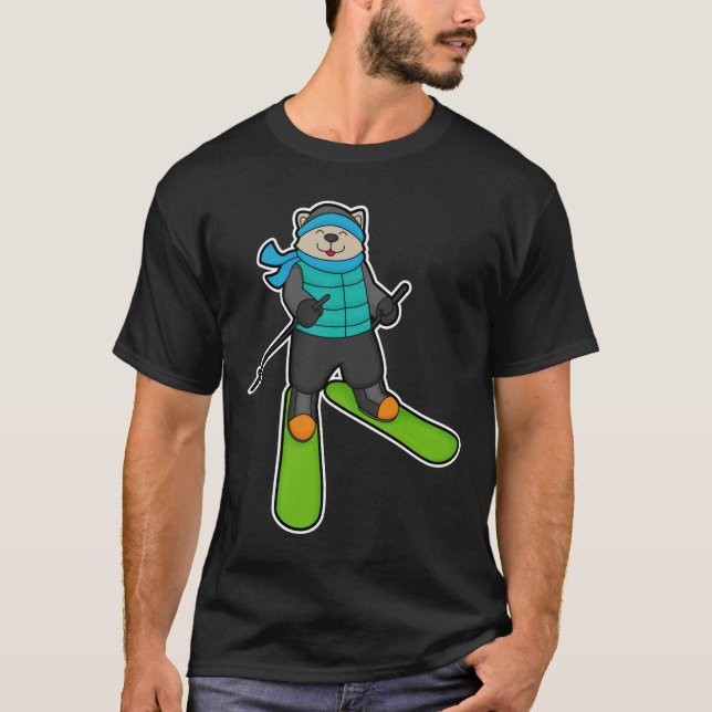 T-shirt Chat en Skier avec Ski (Devant)