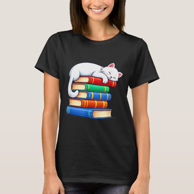 T-shirt Chat endormi et livres mignons drôles cosy amateur (Devant)
