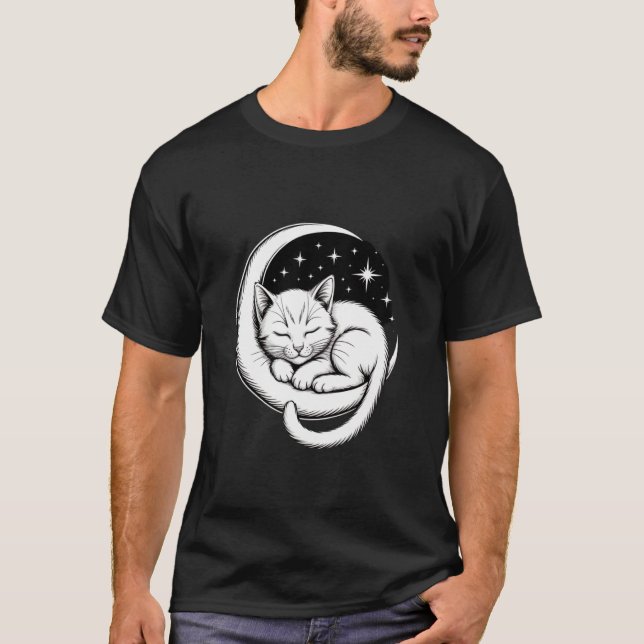 T-shirt Chat endormi sur un croissant de lune (Devant)