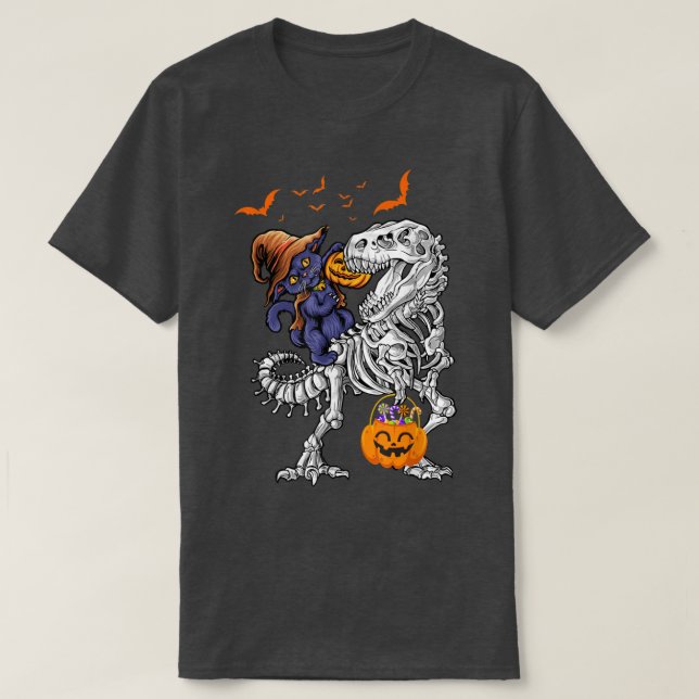 T-shirt Chat équitation Dinosaur Citrouille Halloween Enfa (Design devant)